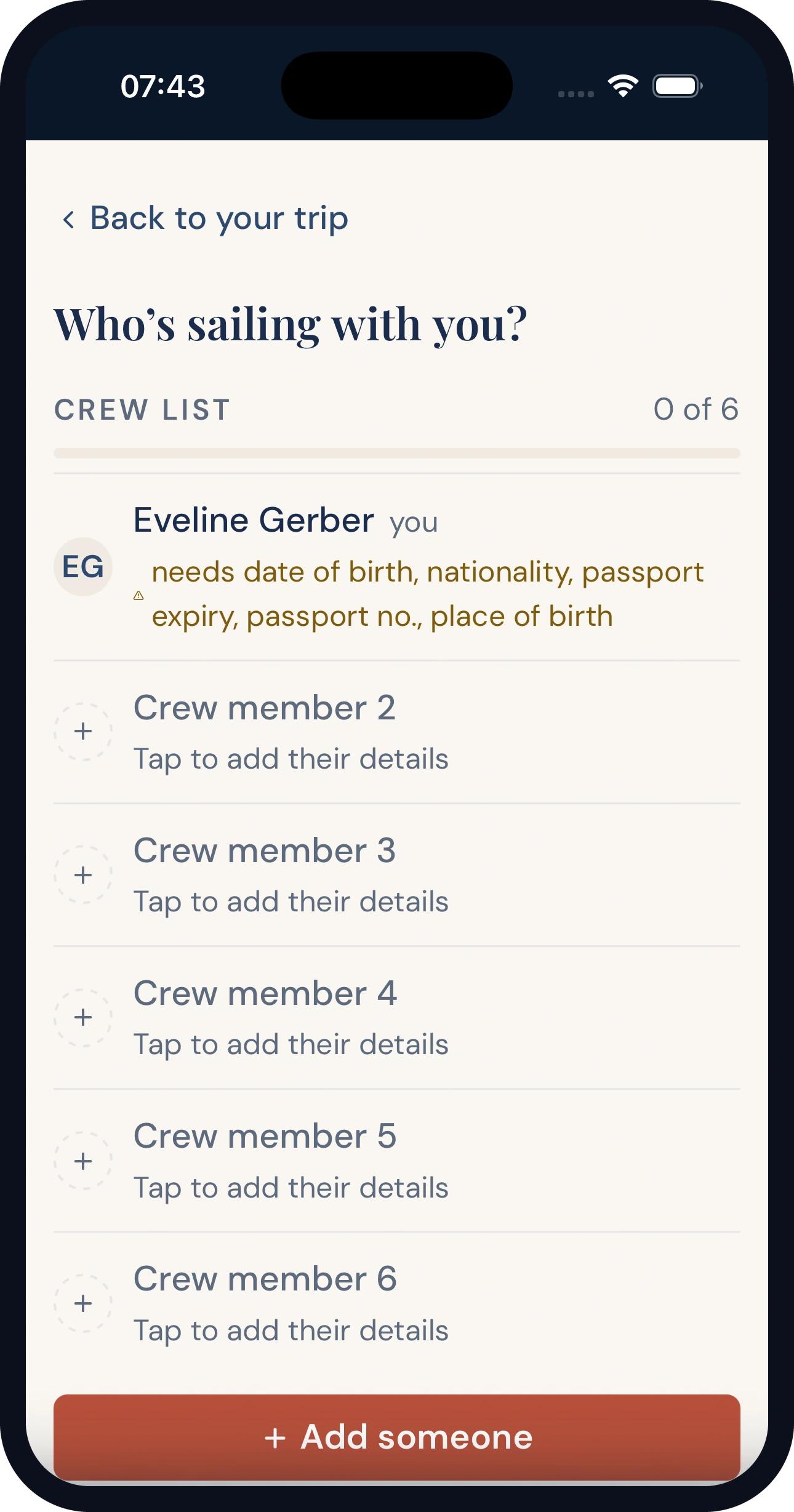 Crew list: Filled in at home.