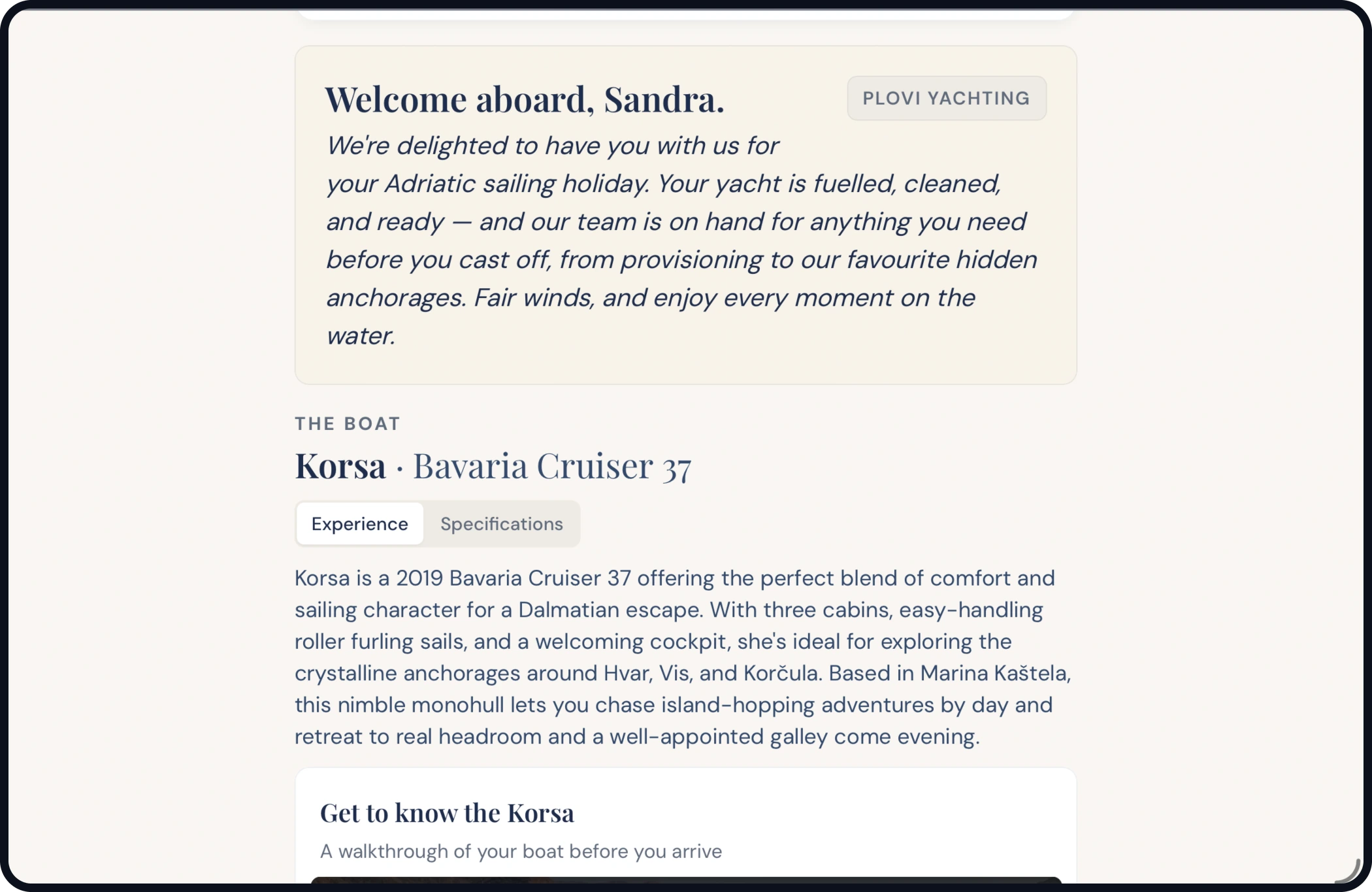 Guest check-in: The operator’s own welcome, and the boat described before they see it.