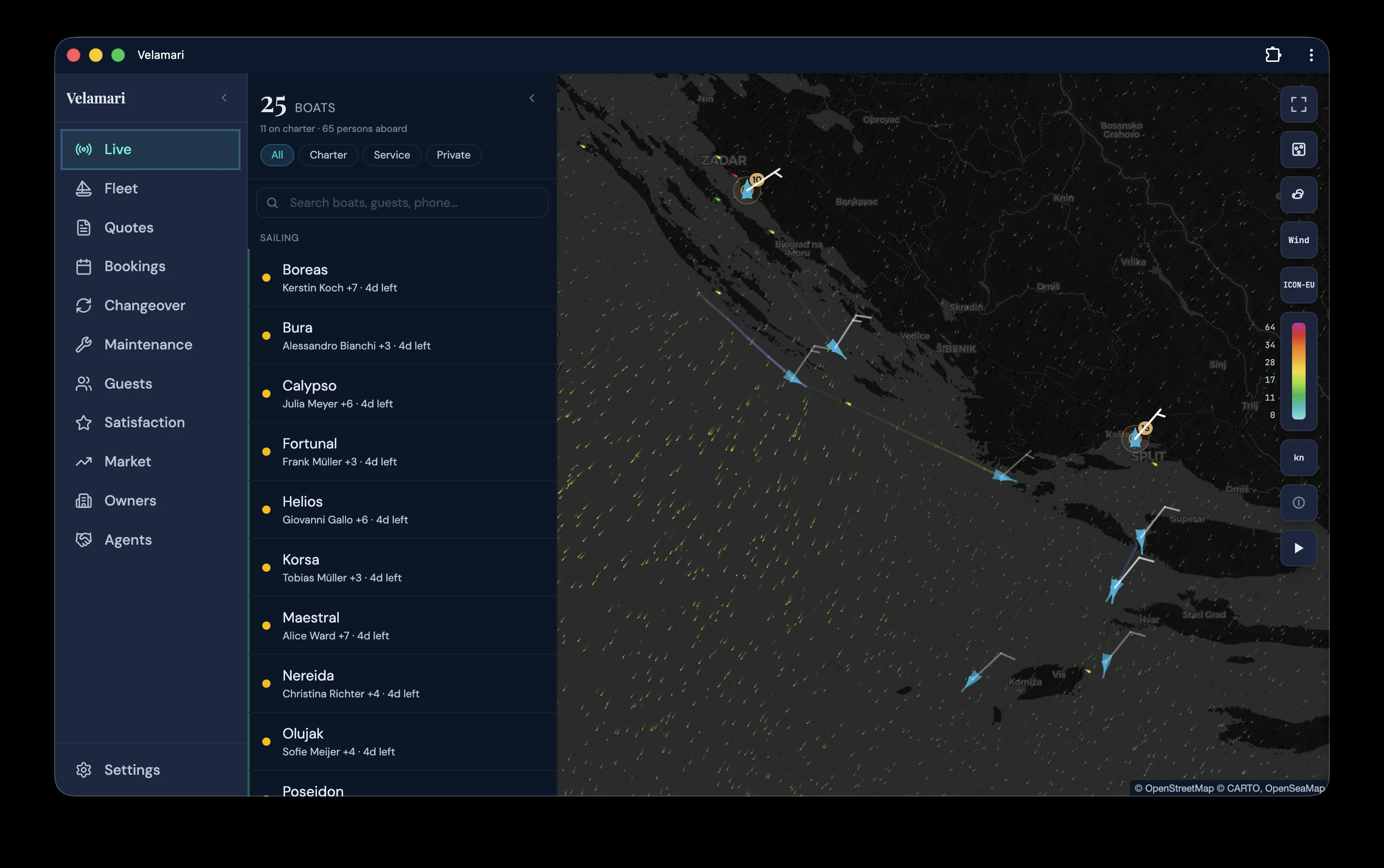 The Velamari fleet view: 25 boats on one map with the weather over them, and a list of who is aboard each one.