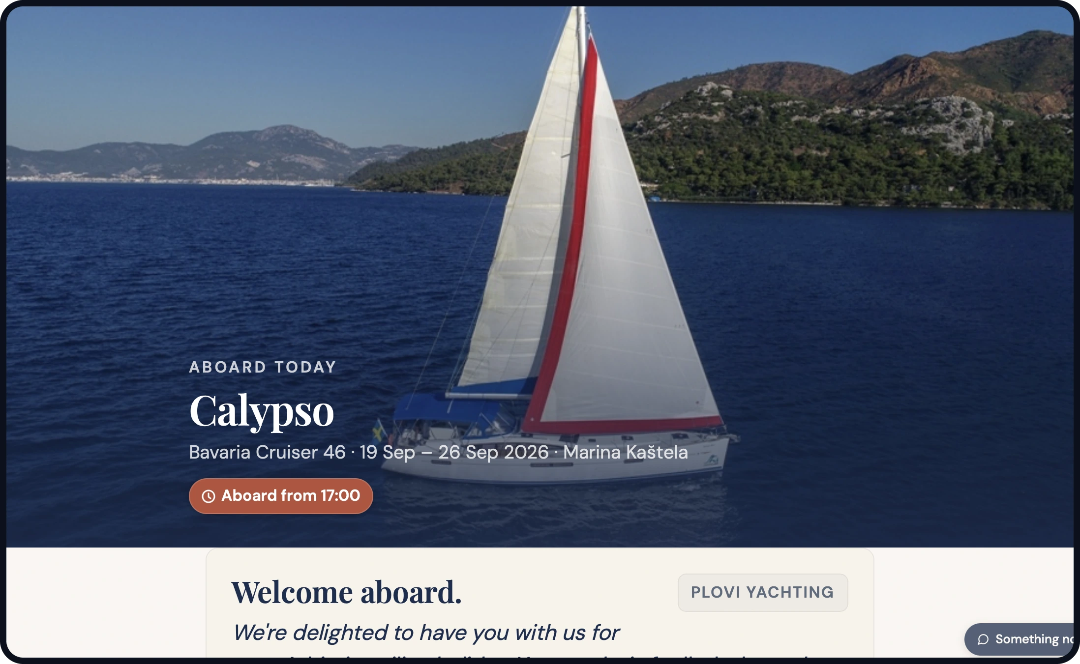 A guest's trip page, showing their charter dates, crew and boat details before they arrive.